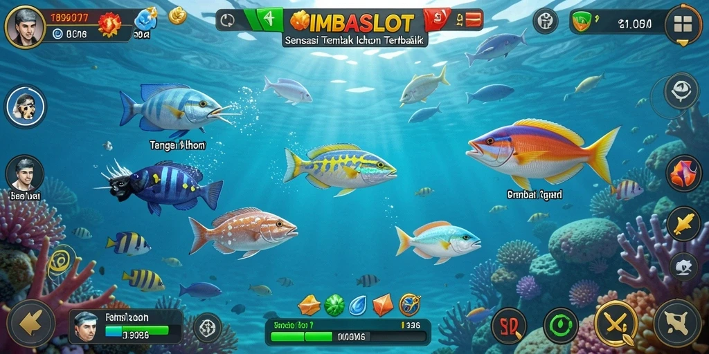 Screenshot IMBASLOT menampilkan aksi seru dalam menembak ikan.